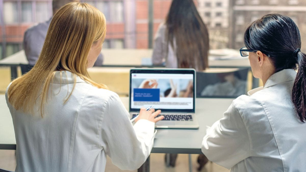 Two young scientist having a webinar